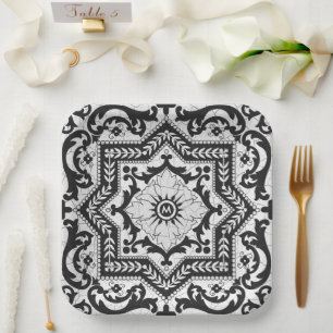 Black and White Cracked Ceramic Style Azulejo Paper Plate