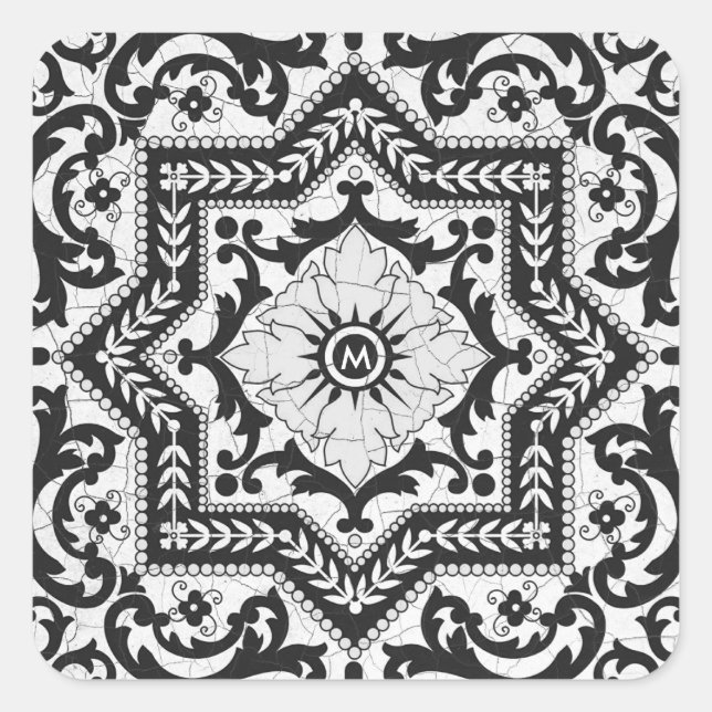 Black and White Cracked Ceramic Style Azulejo Square Sticker (Front)