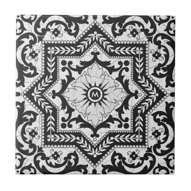 Black and White Cracked Ceramic Style Azulejo Tile (Front)