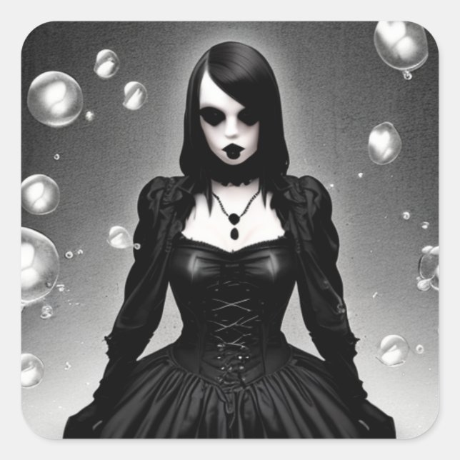 Black and White Creepy Gothic Girl Halloween Square Sticker (Front)