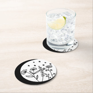 Black and White Crescent Moon and Flowers Round Paper Coaster