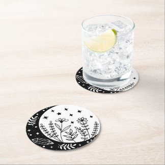 Black and White Crescent Moon and Flowers Round Paper Coaster