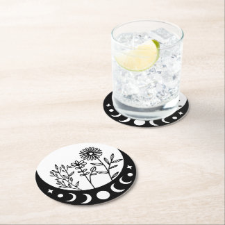 Black and White Crescent Moon and Flowers Round Paper Coaster