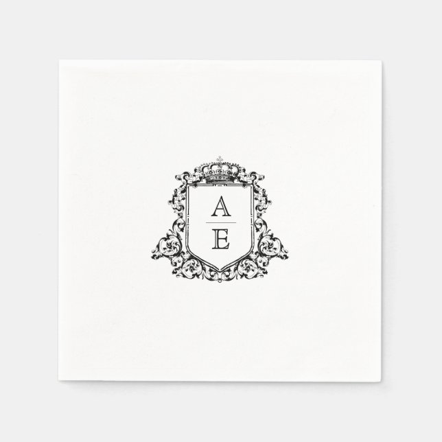 Black and White Crest Monogram Custom Wedding Napkin (Front)