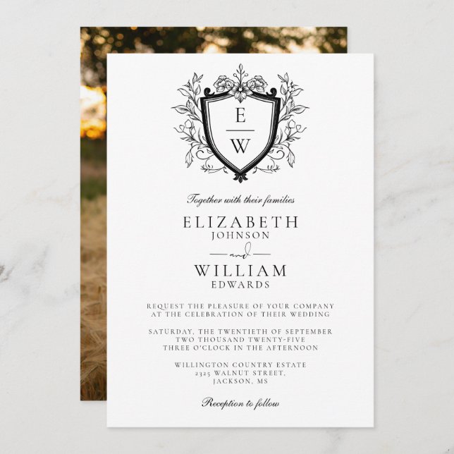 Black And White Crest Monogram Photo Wedding Invitation (Front/Back)