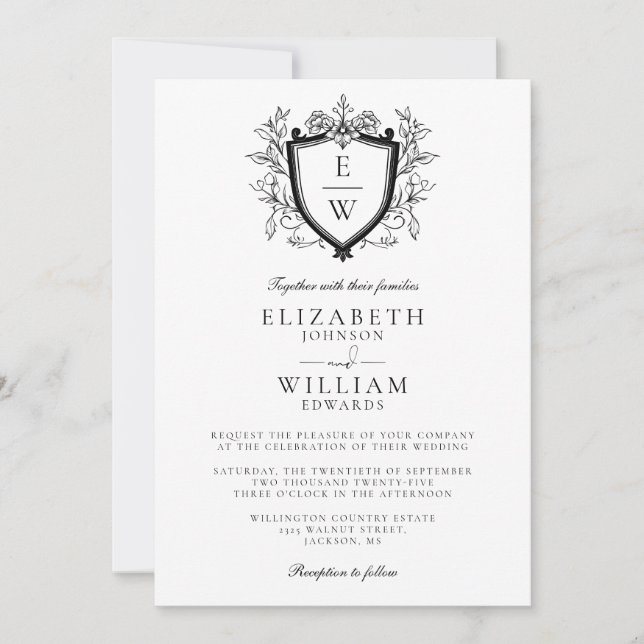 Black And White Crest Monogram QR Code Wedding Invitation (Front)