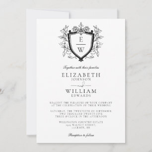 Black And White Crest Monogram QR Code Wedding Invitation