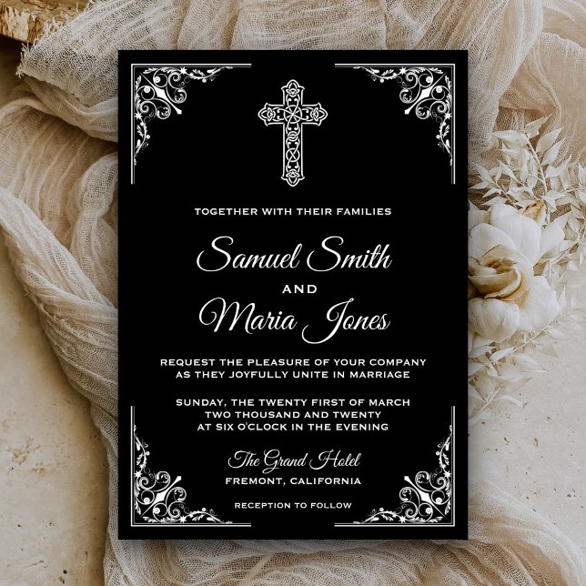 Black and White Cross Christian Wedding Invitation (Creator Uploaded)