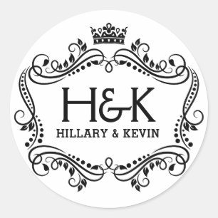 Black and white crown & floral frame classic round sticker