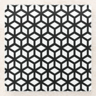 Black And White Cube Pattern Glass Coaster