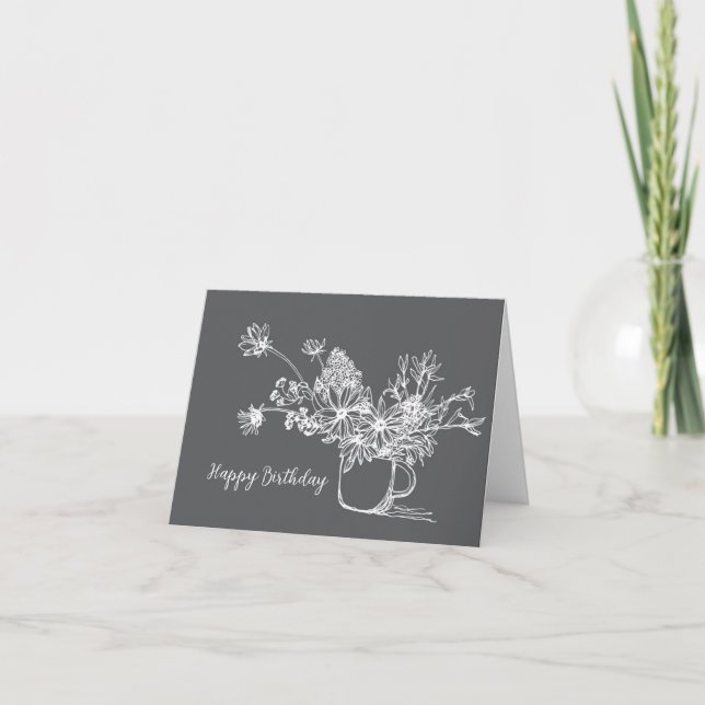 Black and White Cup of Flowers Birthday Card (Front)
