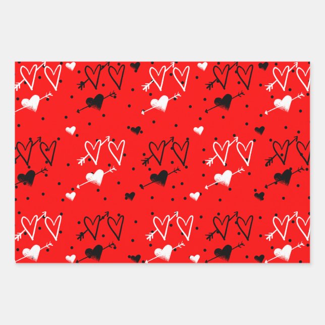 Black And White Cupids Heart Pattern  Wrapping Paper Sheet (Front)