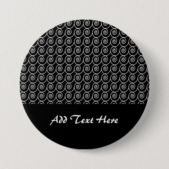 Black and White Curlie Cue Pattern 3 Inch Round Button (Front)