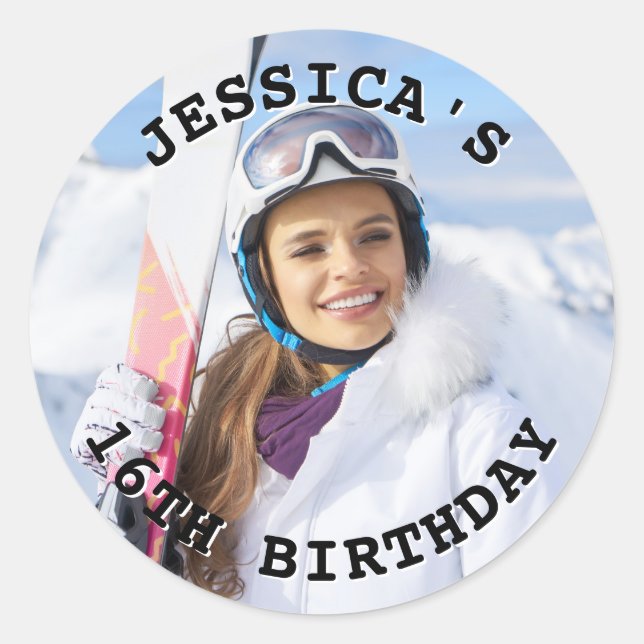 Black and White Curved Text Family Photo Birthday Classic Round Sticker (Front)