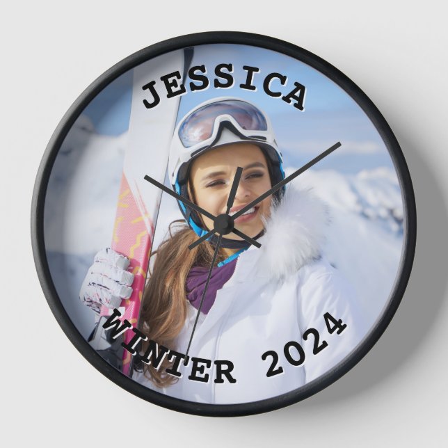Black and White Curved Text Family Photo Clock (Front)