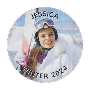 Black and White Curved Text Family Photo Cutting Board