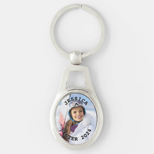 Black and White Curved Text Family Photo Keychain (Front)