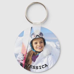 Black and White Curved Text Family Photo Keychain