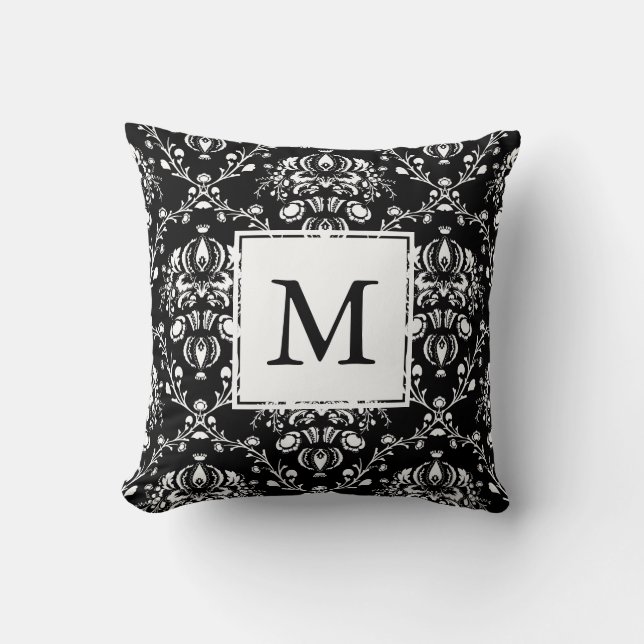 Black and White Custom Damask Throw Pillow (Front)