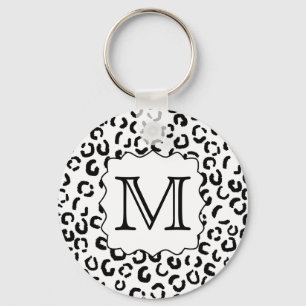 Black and White Custom Monogram Leopard Print. Keychain