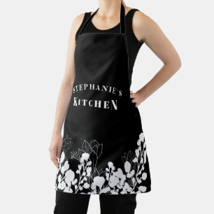 Black and White Custom Name White Floral Apron