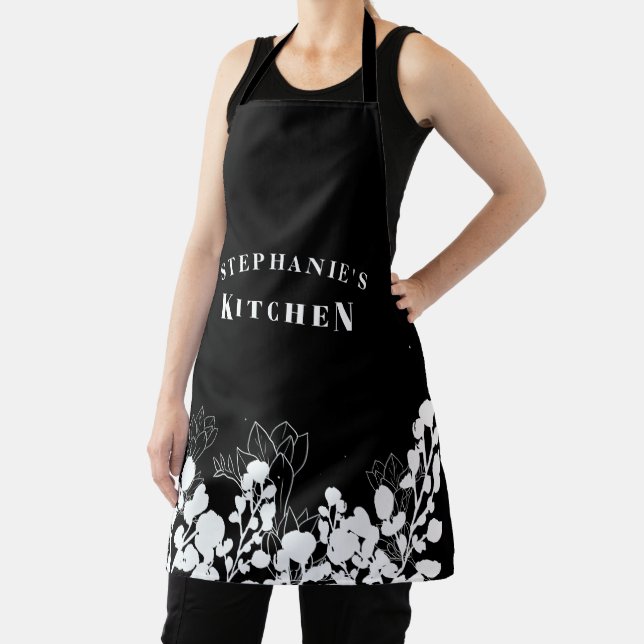 Black and White Custom Name White Floral Apron (Insitu)