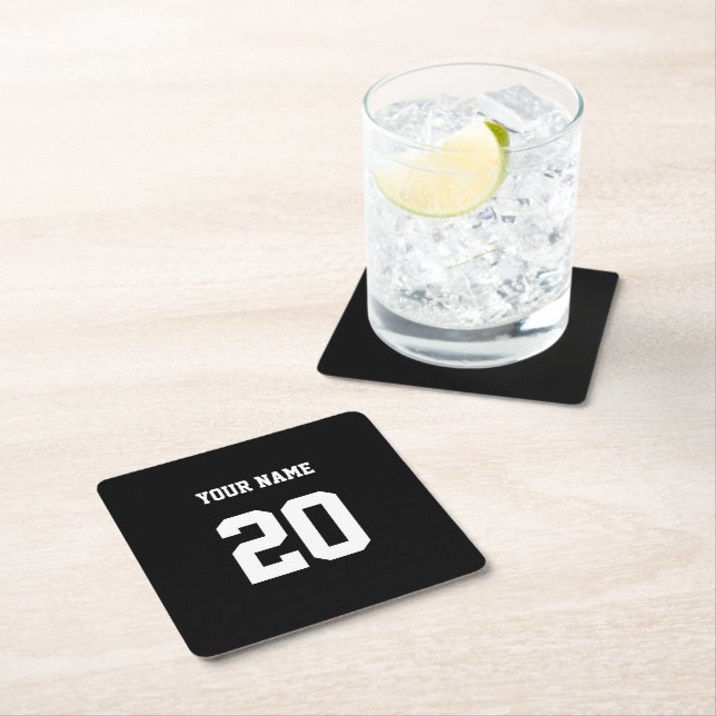 Black and White Custom Number and Name Square Paper Coaster (Insitu)