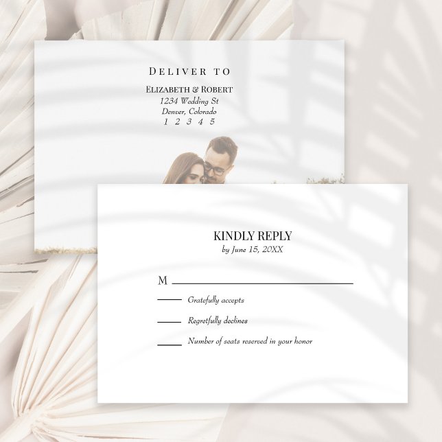 Black and White Custom Photo Wedding RSVP Card (Black and White Custom Photo Wedding RSVP Card on a sunny white dry palm leaf.)
