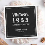 Black and White Custom Year 1953 70th Birthday  Napkin<br><div class="desc">Vintage Black and White Custom Year 1953 40th 50th 60th 70th Birthday Napkins Personalized |
Happy 40th 50th 60th 70th 80th Birthday Napkins | 
Personalize these napkins with custom text.
You could change the background colour as well.</div>