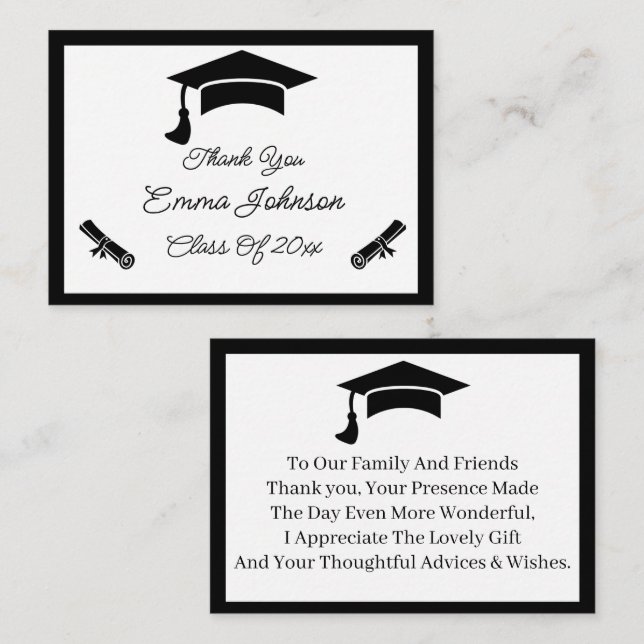 Black And White Customized Graduation Thank You Card (Front/Back)