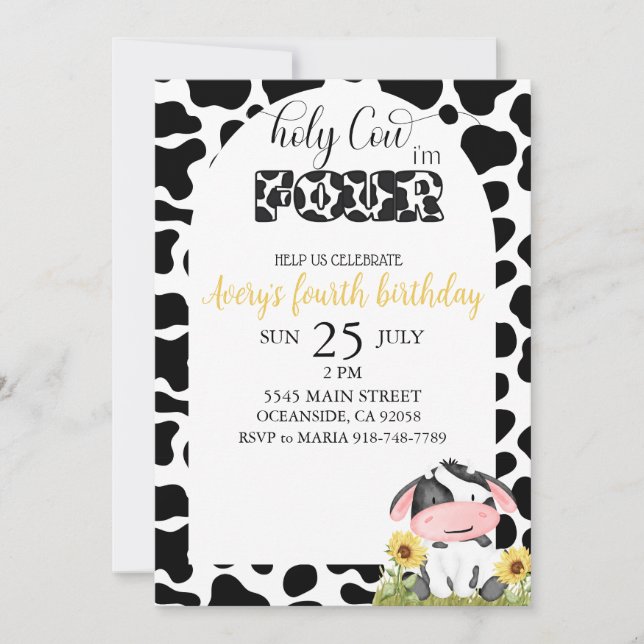 black and white cute cow fourth birthday invitation (Front)