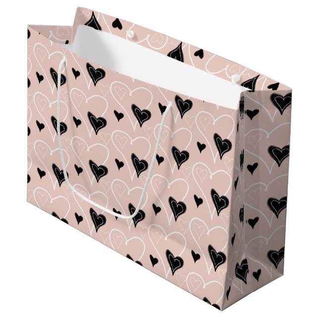 Black And White Cute Hearts Pattern Large Gift Bag (Front Angled)