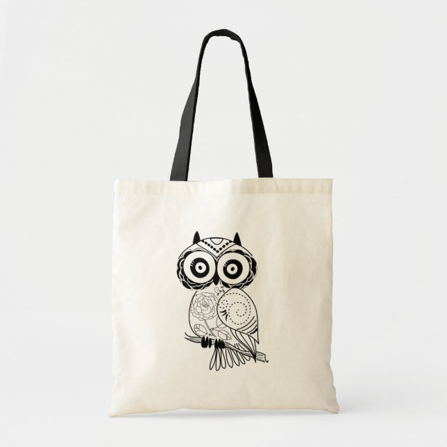 Black and white cute owl illustration tote bag (Front)