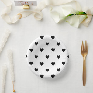 Black and White Cute Simple Heart Pattern  Paper Plate