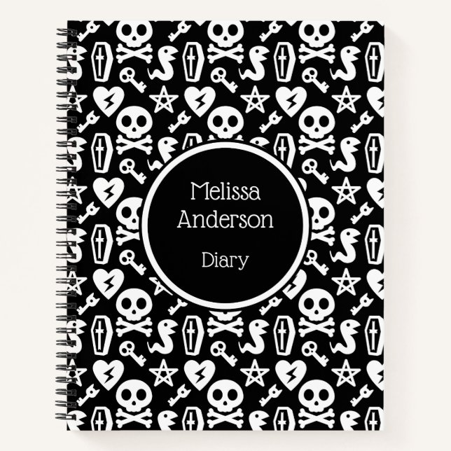 Black And White Cute Skull & Bones Diary Notebook (Front)
