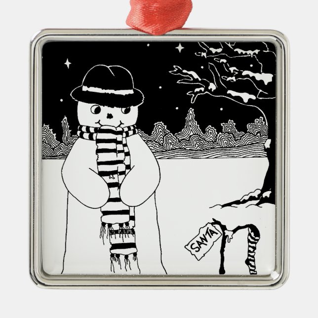 black and white cute smiling snowman metal ornament (Front)