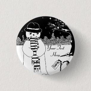 black and white cute snowman smiling for christmas 1 inch round button