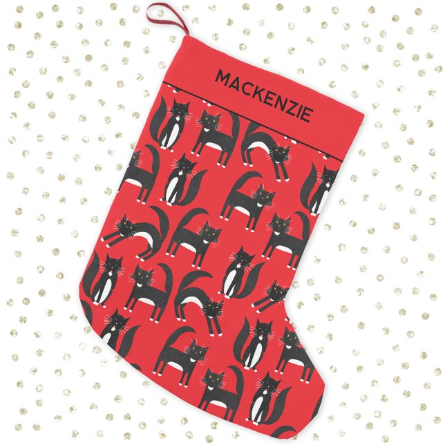 Black and White Cute Tuxedo Kitty Red Personalized Small Christmas Stocking (Black and white tuxedo cat pattern personalized custom name red Christmas stocking)