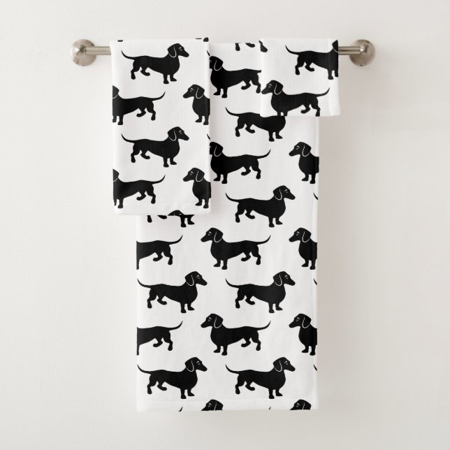 Black and White Dachshund Pattern Bath Towel Set (Insitu)