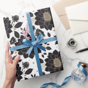 Black and White Dahlia with Gold Accents Pattern Wrapping Paper