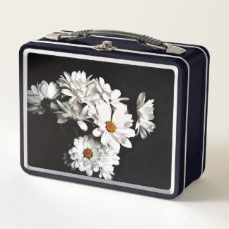 Black and White Daisy Floral Lunch Pail Metal Lunch Box