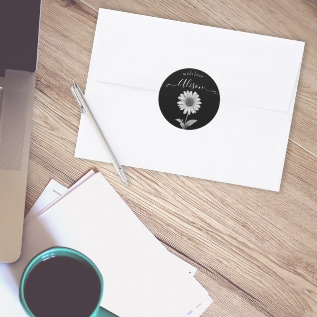 Black and White Daisy Flower  Classic Round Sticker (Creator Uploaded)