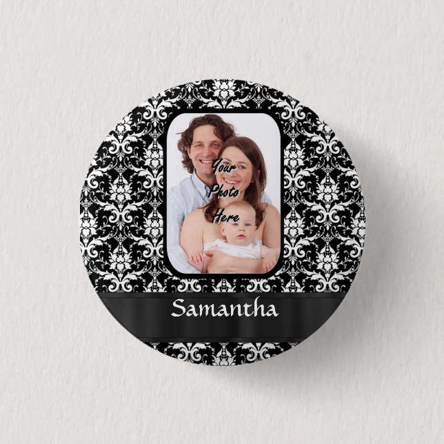 Black and white damask 1 inch round button (Front)