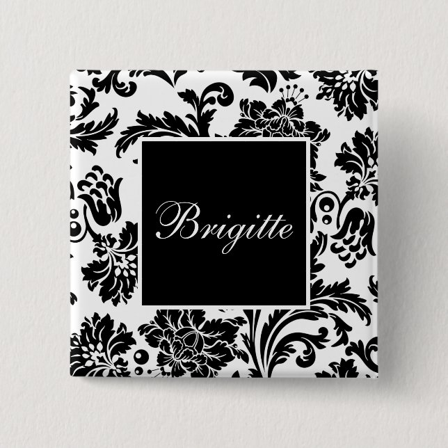 Black and white damask 2 inch square button (Front)