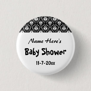 Black and White Damask Baby Shower 1 Inch Round Button