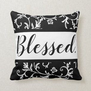 Black and White Damask Blessed Christian Throw Pillow