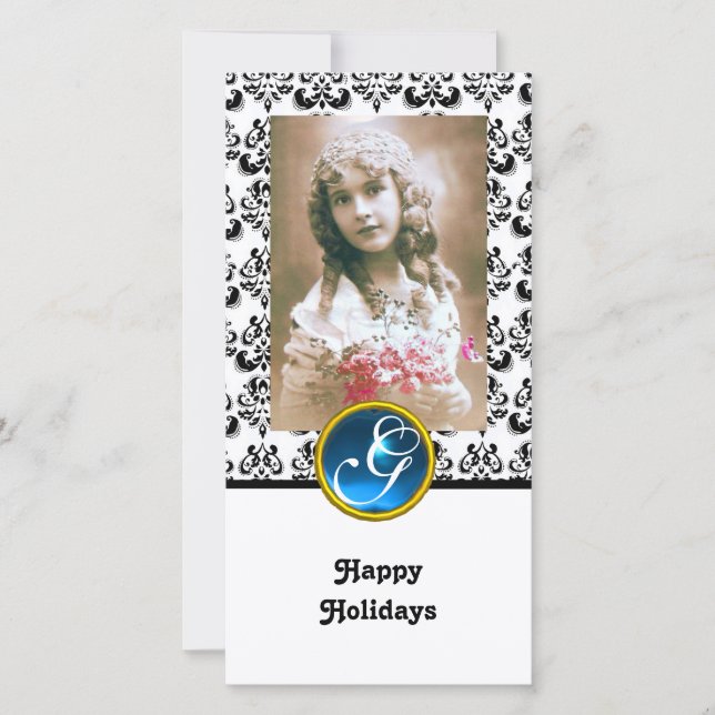BLACK AND WHITE DAMASK Blue Sapphire Monogram Holiday Card (Front)