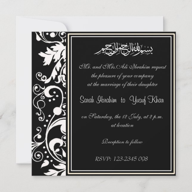 Black and White Damask Brocade Muslim wedding Invitation (Front)