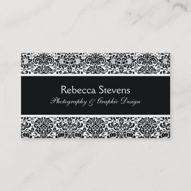 Black and White Damask Business Card (Front)