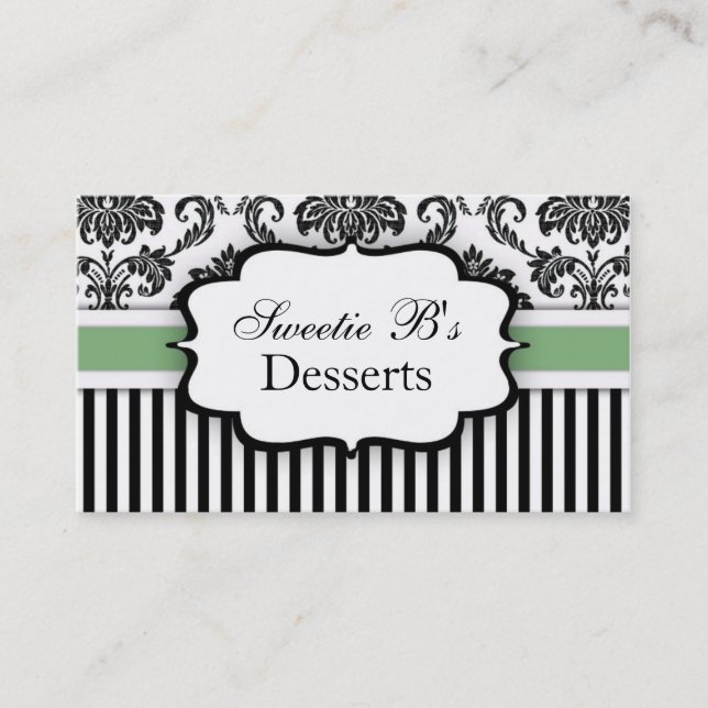 Black and White Damask Business Card in Green (Front)